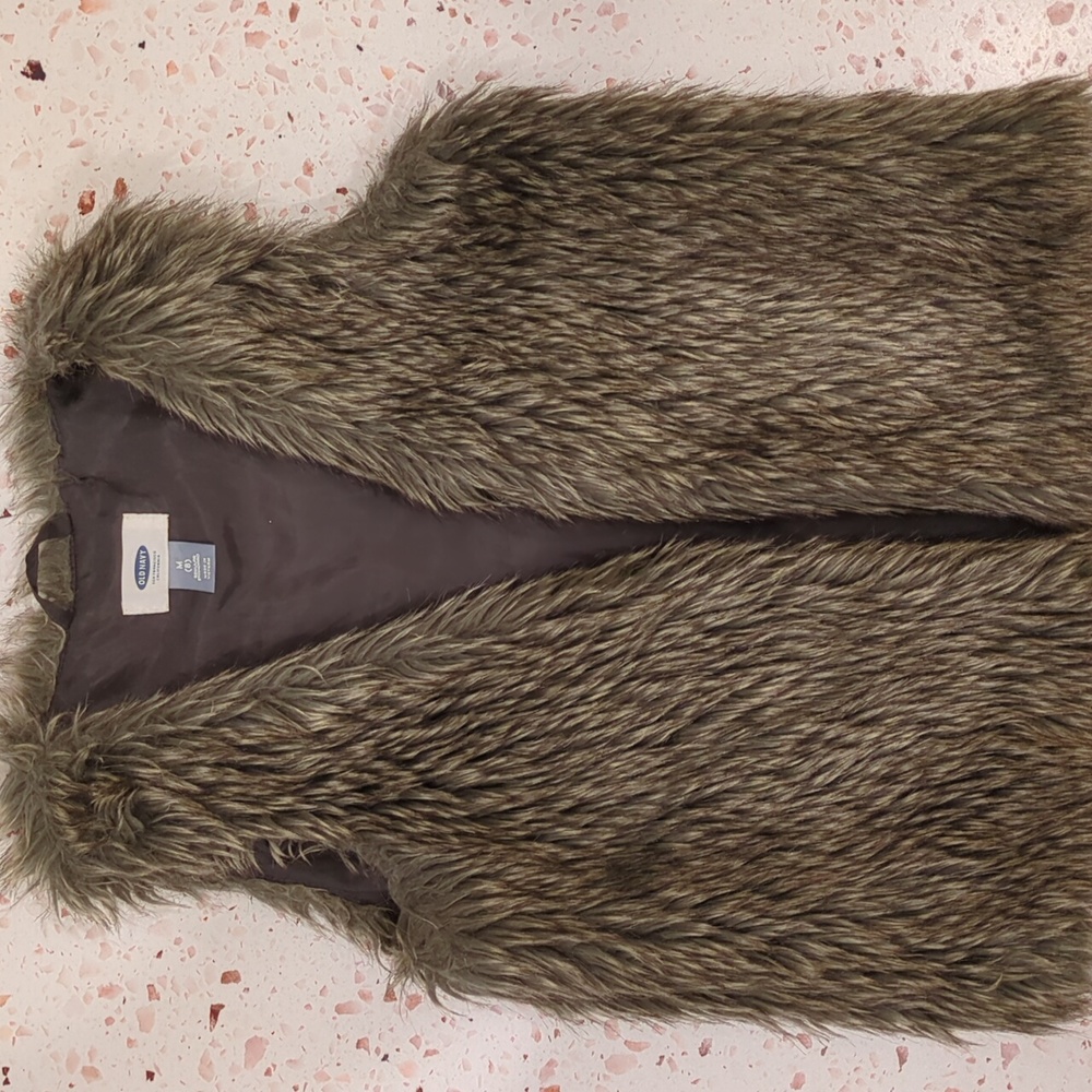 Old Navy | Brown Grey Tan Faux Fur Vest | M (8) Boho Layer Accessory